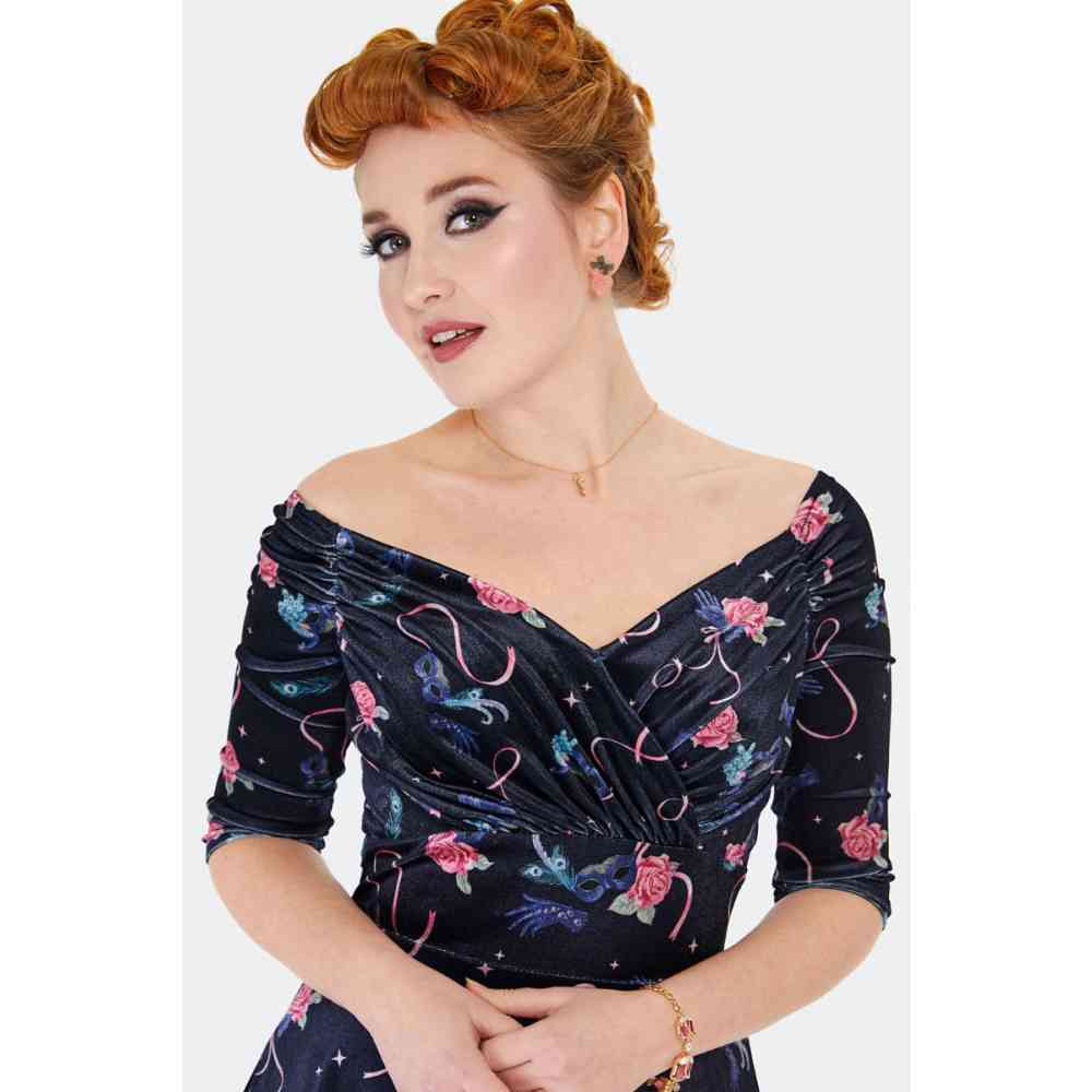 Voodoo Vixen - Velvet Peacock Masquerade Flare Flare jurk - Zwart